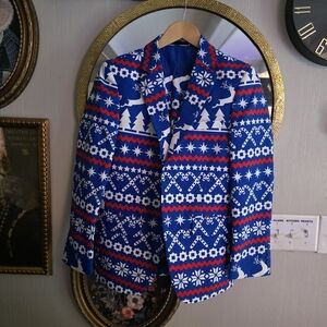 Christmas‎ Holiday Print Festive Blue Patterned Men's Suit & Pants 34s 28w